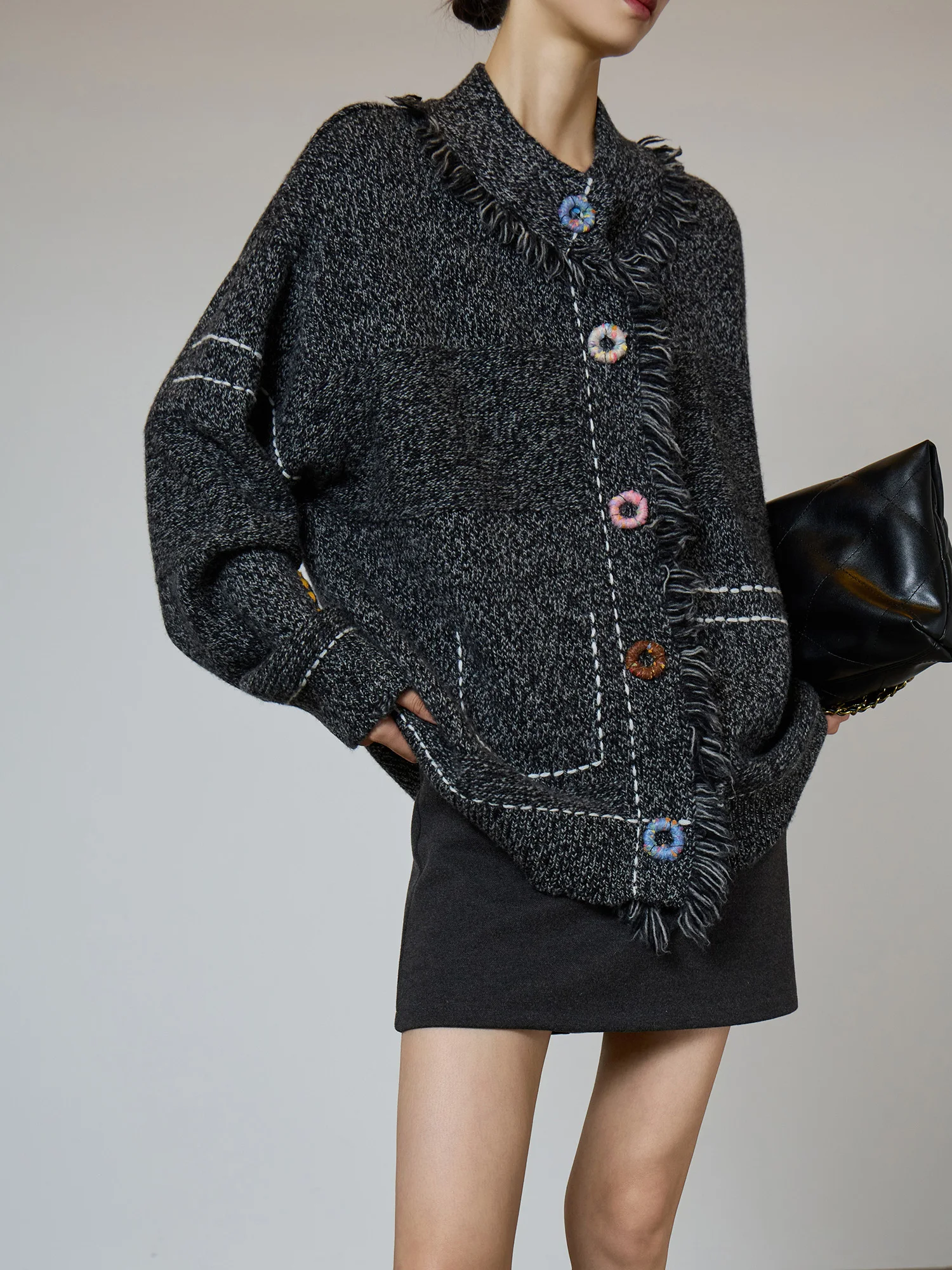 

Fall Winter Vintage Gray Tassel Sweater Knitted Cardigan for Women, Lazy Casual Style Outerwear, Stylish Versatile Coat, 2025 Fa