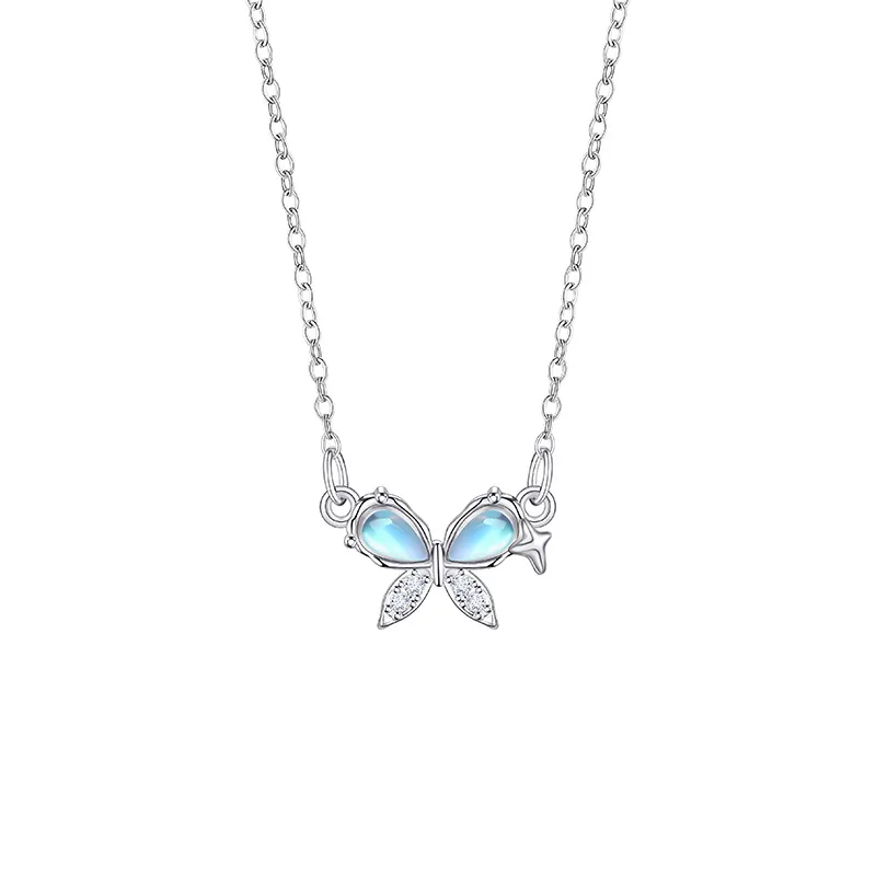 925 Sterling Silver Jewelry Simple Aurora Crystal Bowknot Pendant Necklace for Women Clavicle Chain Wedding Party Jewelry Gift