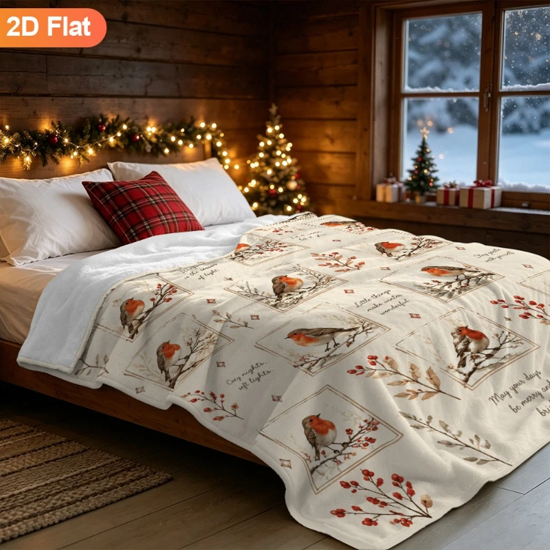 Christmas Robin Throw Blanket, Winter Holly Bird Print Soft Fleece, Cozy Holiday Gift for Couch Bed Sofa Home Decor
