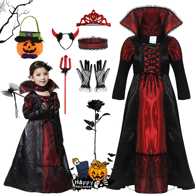 Girls Vampire Queen Long Dress Complete Costume Kids Gothic Outfit For Halloween Trick Or Treat Birthday Cosplay Party