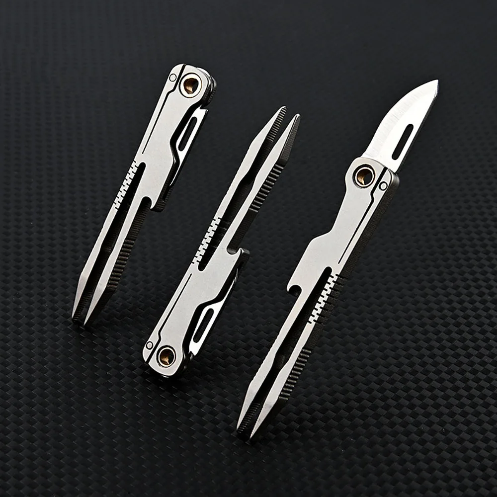 Titanium Folding Knife With Tweezers EDC Camping Survival Gadgets Portable outdoor Jackknife Mini Keychan Pocket Knife Cutter