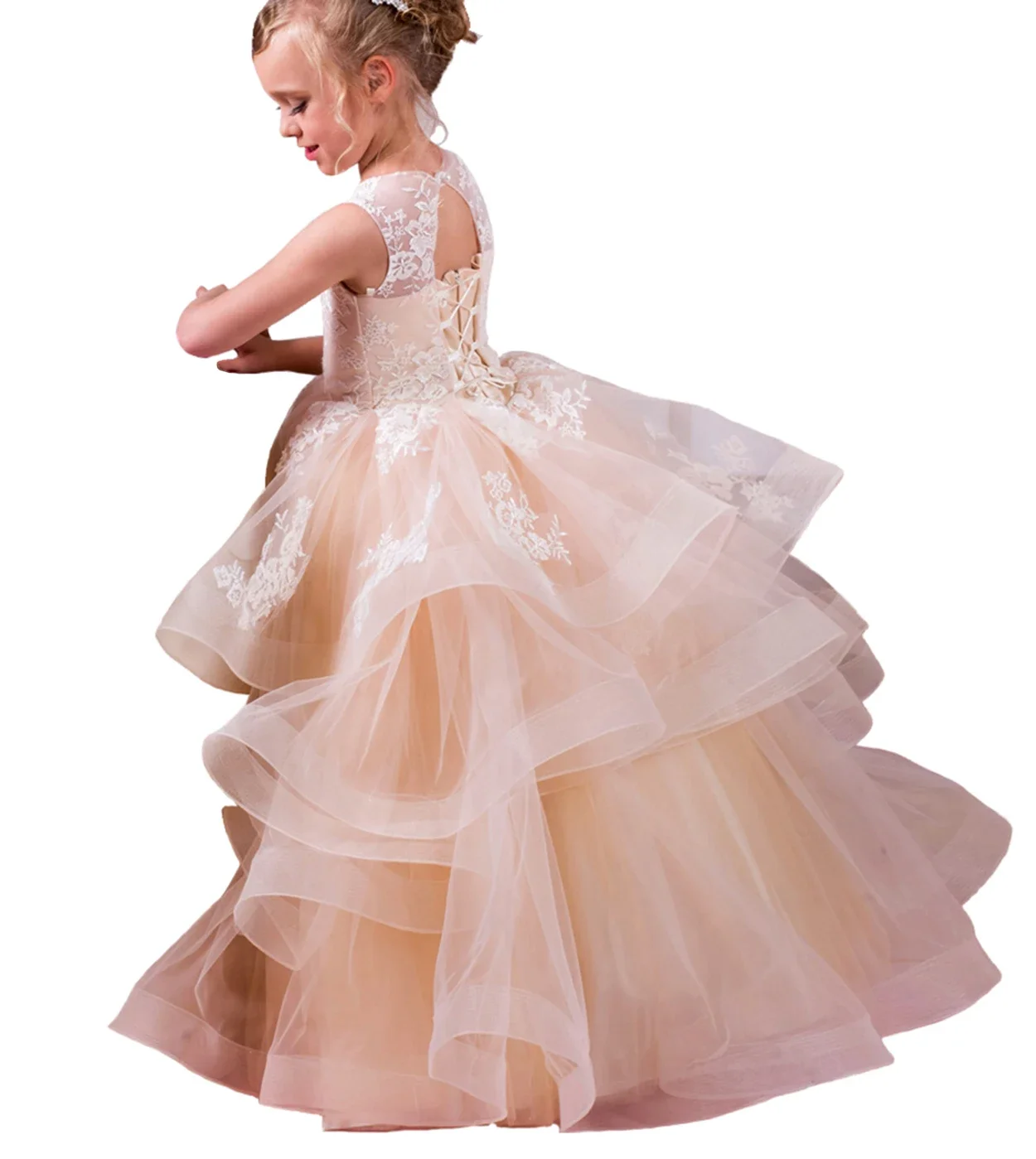 Tulle Tiered Flower Girl Dresses Toddlers Lace Appliques Princess Pageant Dress Kids Floor_Length Wedding Birthday Party Gowns