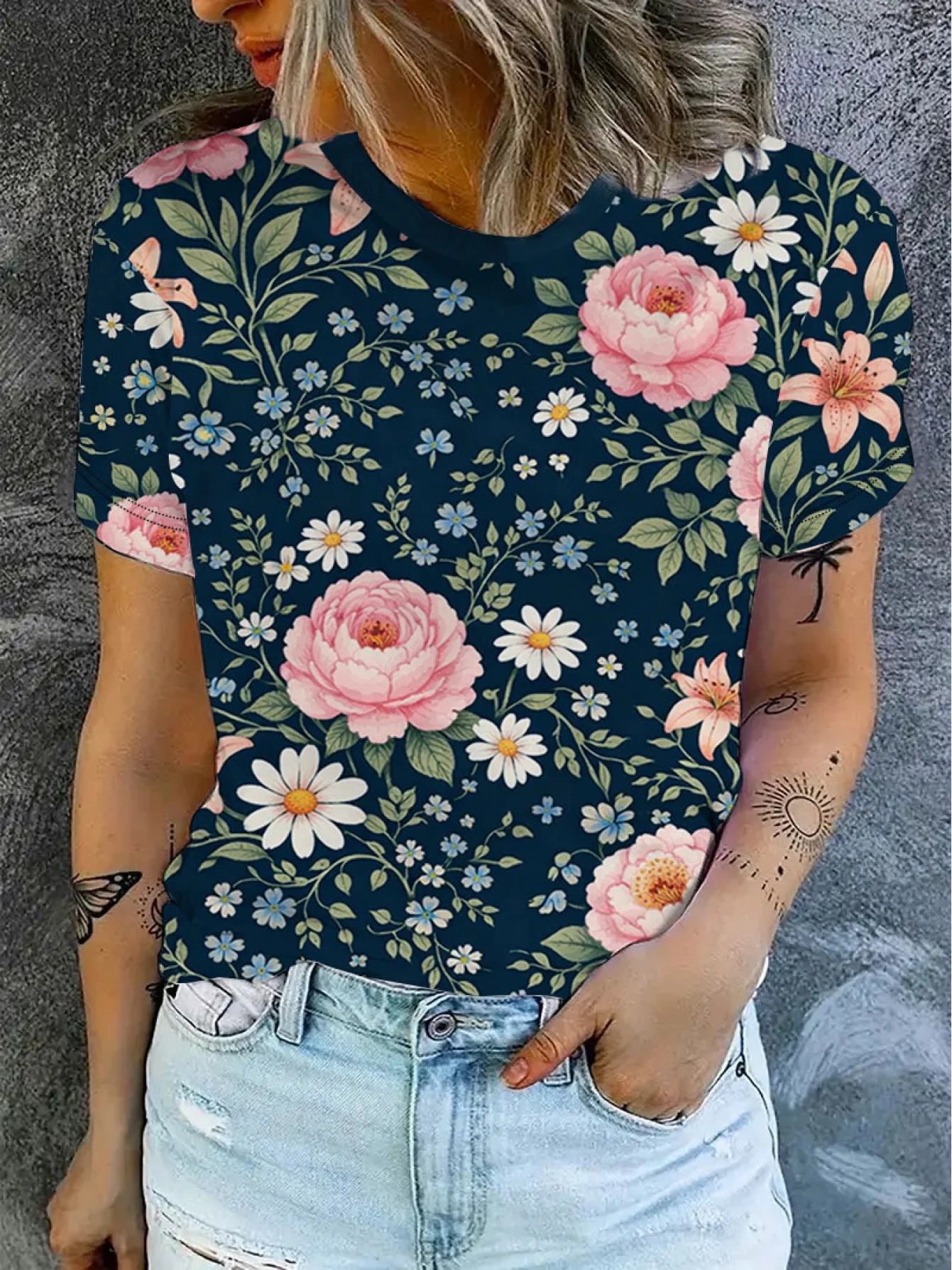Women T‑shirt Short Sleeve Vintage Peony Daisy Lily Floral Seamless Art Graphic Print O‑neck Casual Daily Summer Fashion Tee Top
