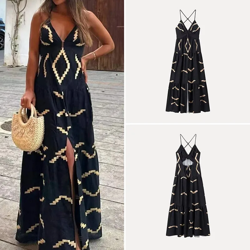 تنورة طويلة منقسمة لربيع 2025 على شكل حرف V مطبوعة على شكل حرف V من ألياف البوليستر Dr Street Sle 00% Ele Aosphere #1