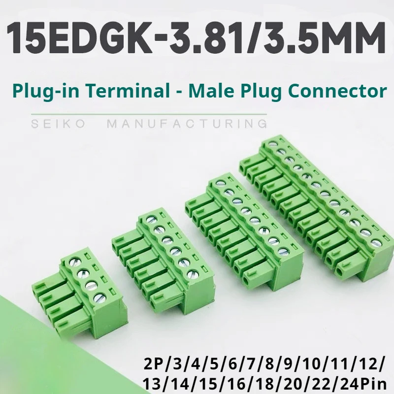 15EDGK 3.81mm 3.5mm Pitch Plug-in Terminal Block PCB Wire Connector 2P-24Pin Copper Flame Retardant 15edg Male Plug Connector