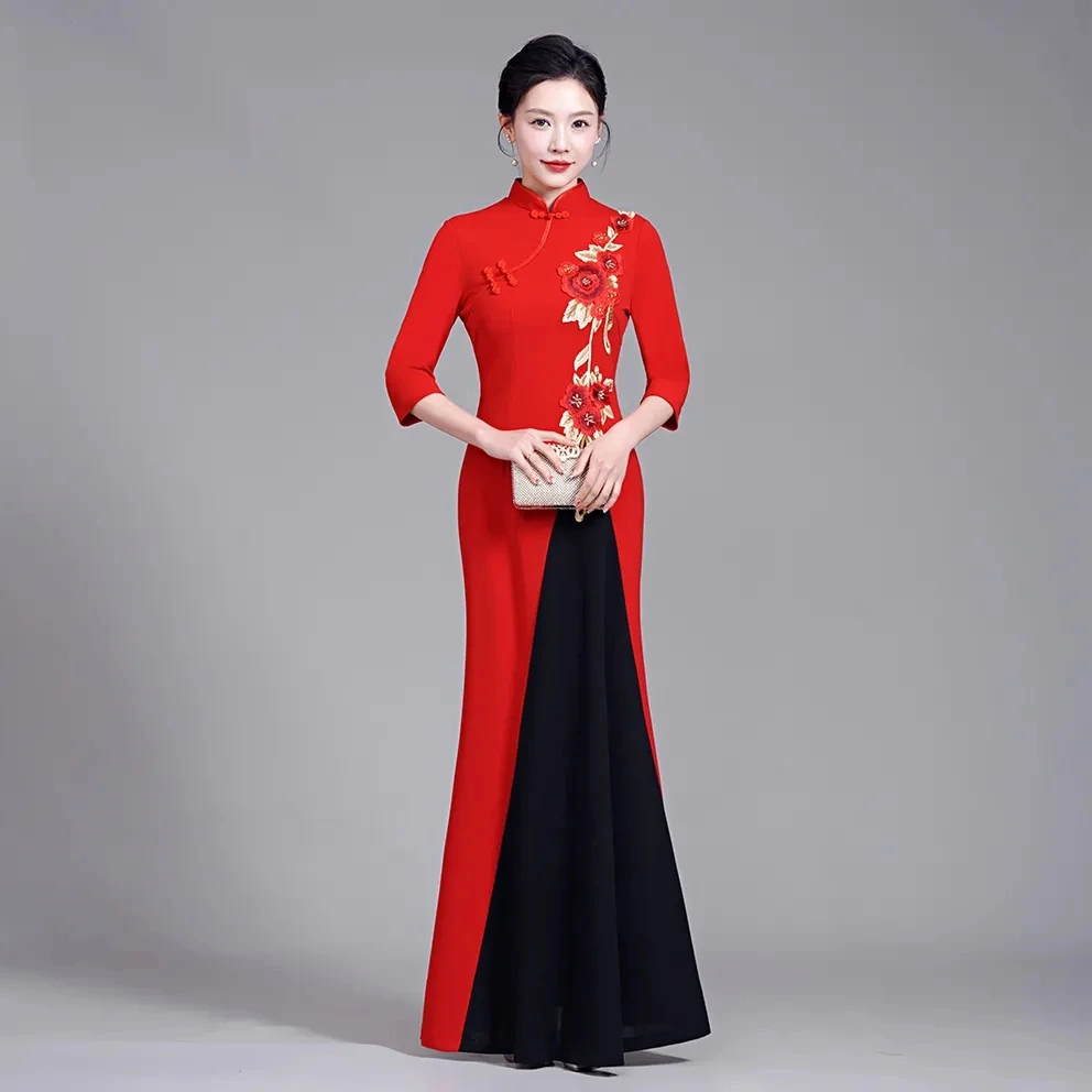 6XL 7XL Large Size High End Elegant Improve Cheongsam Dress Ethnic Style Women Embroidered Evening Dress Mother Long Vestidos