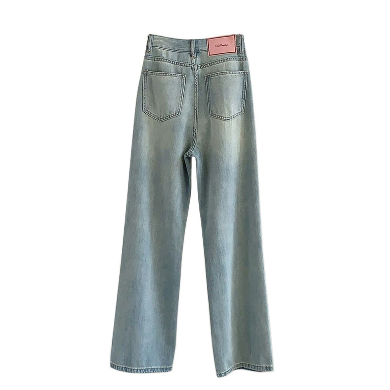 Pink Design Leather Straight jeans female niche net red high waist loose casual wide legged trailing long pants summer