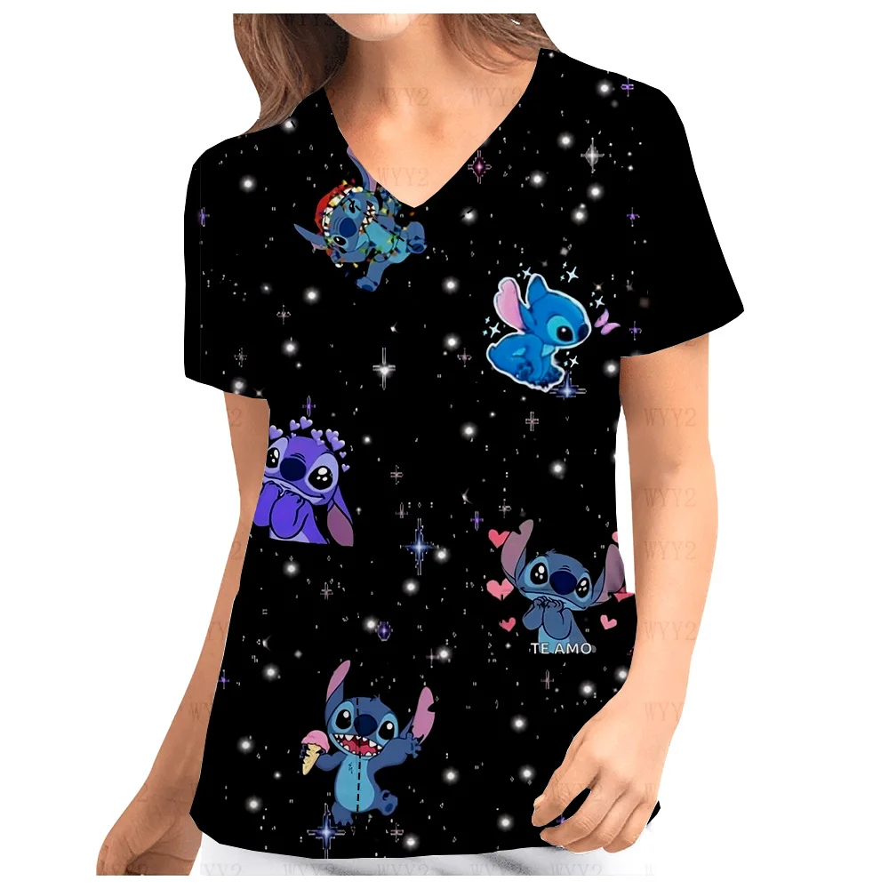 Childlike Disney Stitch Print Women's Hospital Doctor Nurse Work Uniform V-Neck Print Scrub Top Cafe Work Women's Pocket Top