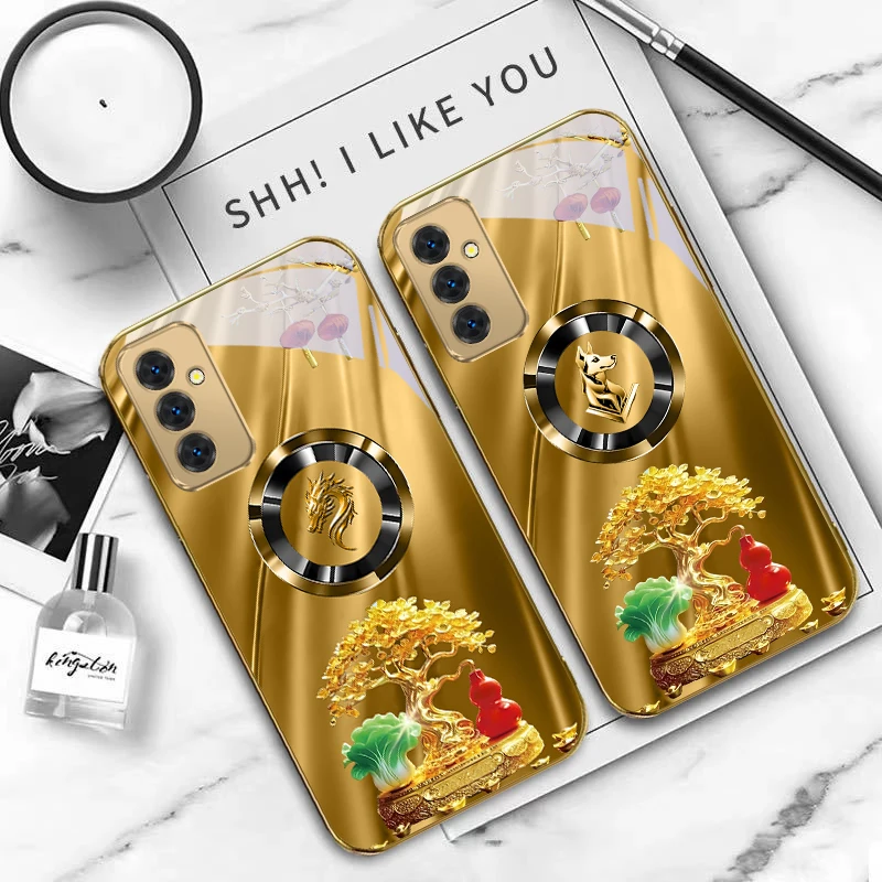 Horse Head Treasure Tree For Samsung Galaxy S 21 S22 S23 Plus S24 Ultra S20 FE 25Ultra S21+ S9+ 22Plus Golden glass phone case