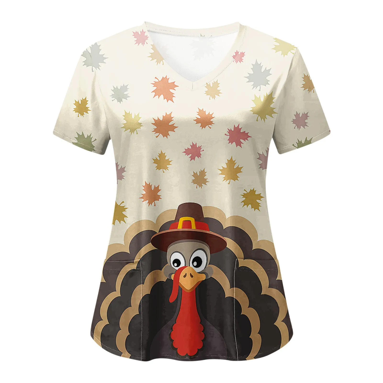 

Thanksgiving Nurse Uniform Women Short Sleeve V Neck Turkey Print Top Nurse Working Blouse Pockets Workwear Medical Nurse Scrubs