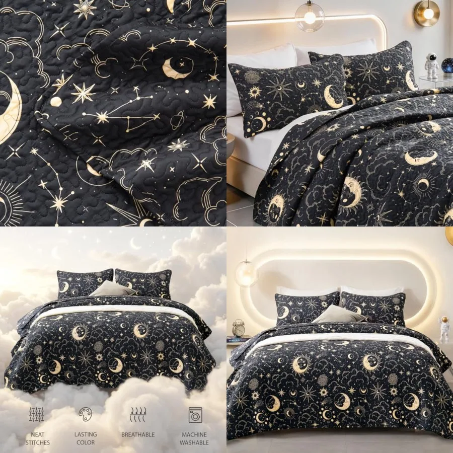 

Quilt Set Full Queen Size Black Print 3 Pcs, Lightweight Soft Coverlet Modern Style Sun Starry Pattern Bedspread Set 1 Quilt, 2