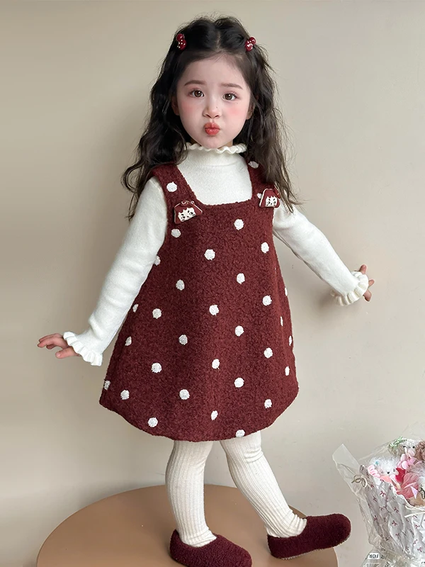 

Girls Winter Plaid Embroidered Fce Lined Thiened Two Piece Set Sweet Faion Children's Vest Skirt Outfit High Collar Lo...