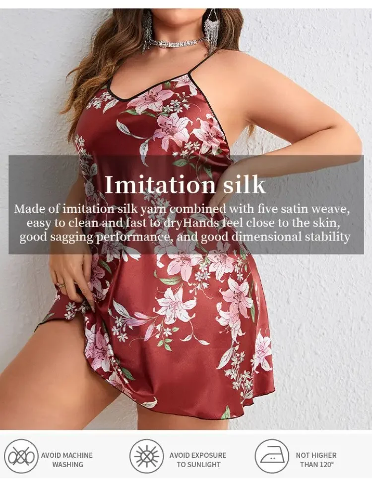 Plus Size Silk Satin Women Nightgown Floral Print Sleeveless Pajama Dress V Neck Cross Back Sleepwear Nightwear Homwear Cloth