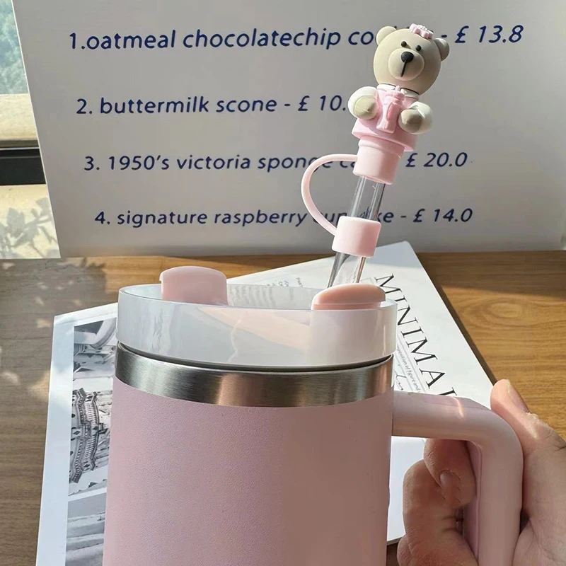 Cute Bear Straw Cover Caps For Stanley Cups Kawaii 10mm Straw Toppers For Tumbler Silicone Dust-Proof Creative Straw Tip Cover