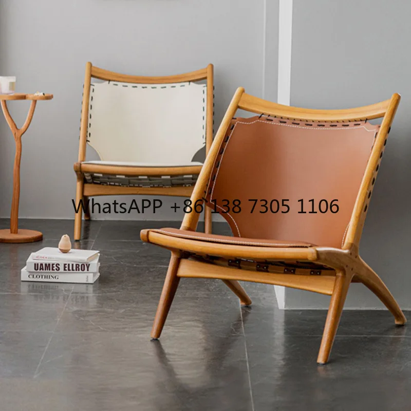 

Nordic light luxury saddle leather sofa chair living room home single backrest retro solid wood single chair