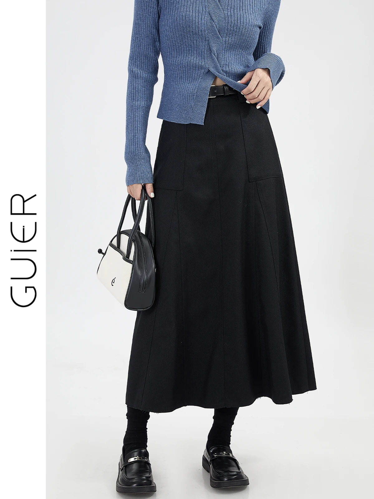 

High Waist A-Line Skirt Women's Simple Casual Versatile Slimming Skirt High Waist Diagonal Pattern Bla Dr