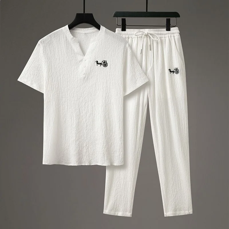 Summer Fashion Trend Comfortable Breathable Cotton Linen Set Men's Casual Loose Plus Size Short Sleeve T-shirt Two-Piece Set
