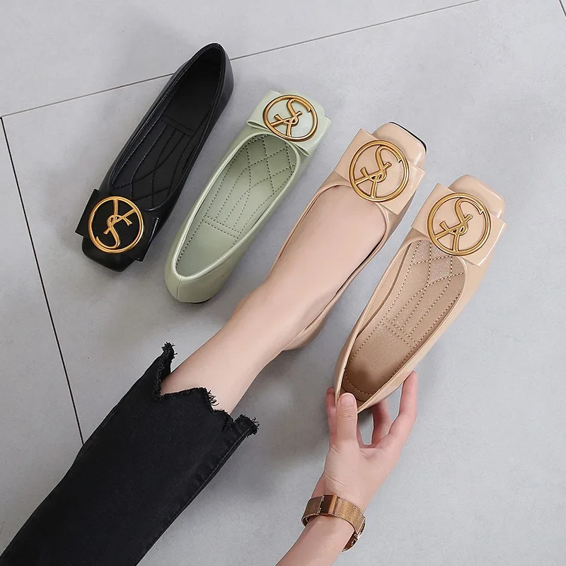 2024 Spring Designer Woman Metal Square Toe Kawaii Lady Barefoot Boat Flats Black Elegant Green Party Fashion Mary Jane Shoes