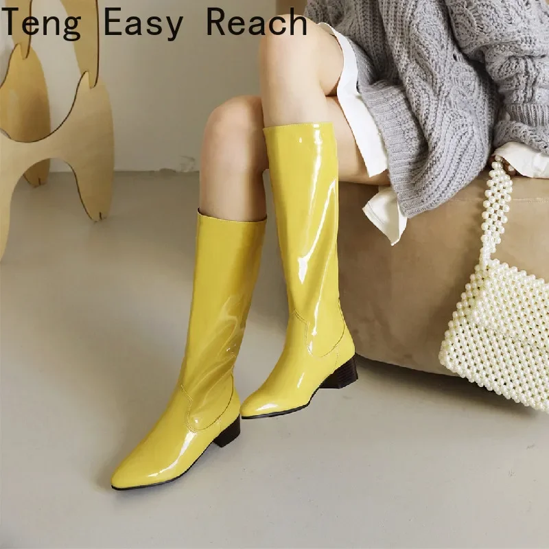 2024 Plus Size 34-43 Concise Patent Leather Mid-calf Boots for Women Shoes Blue Yellow Black Red Green Winter 2023 Long Botas