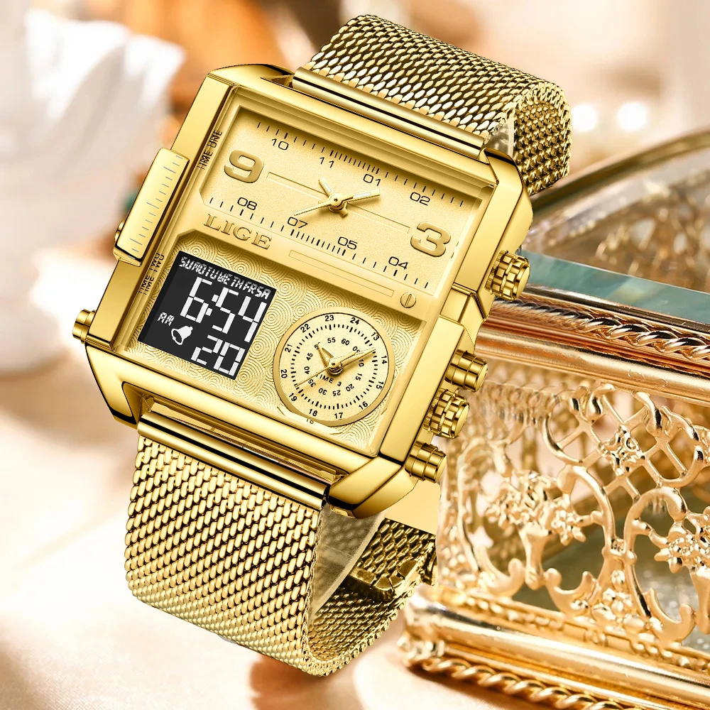 

LIGE 2026, новые квадратные часы с двойным дисплеем, женские модные ультратонкие сетчатые водонепроницаемые светящиеся кварцевые часы для женщин Montre Femme
