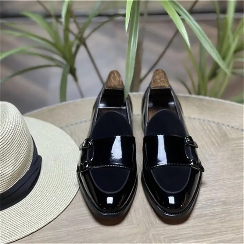 Black Men Monk Loafers Genuine Cow Leather Stitching Suede Double Buckle Fashion Casual Wedding Party Daily Classic Dress Shoes