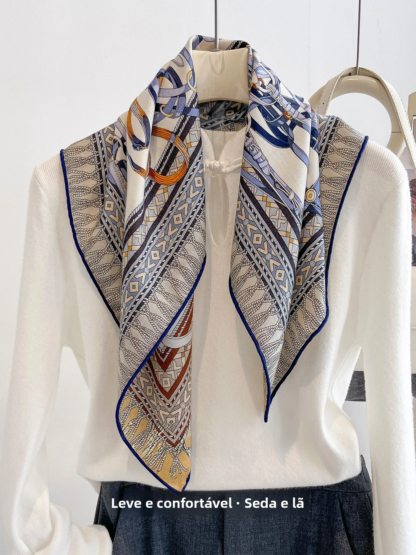 シルクウールスカーフ女性の春の新作軽量高級感薄型モデルネクタイ韓国風両面幾何学模様