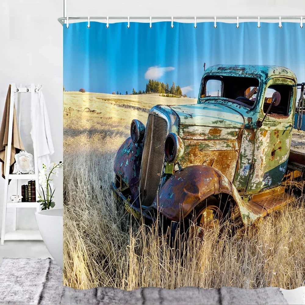 Farm Truck Shower Curtain Rustic Antique Vintage Car Farmhouse Cow Printing Bath Decor Fabric Curtains Bathroom Accessories Set