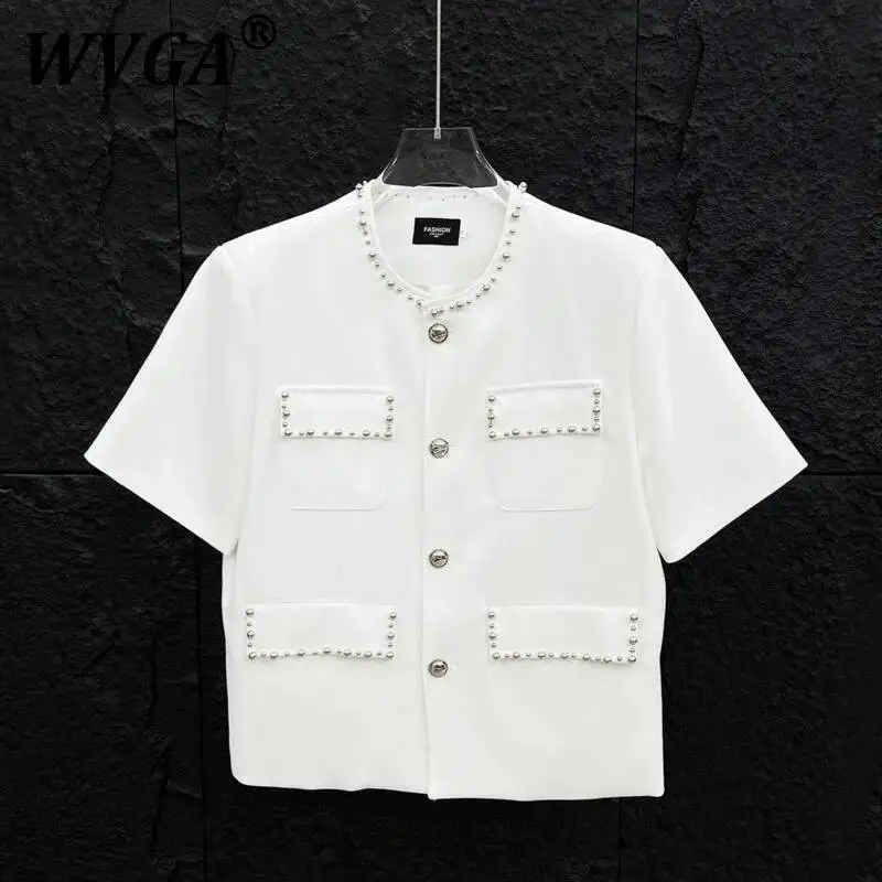 

WVGA Summer New Men Tide Beaded Trendy Design Short Sleeve O-Neck Padded Shoulder Trendy Jacket Niche Chic Casual Coat Ins W9227