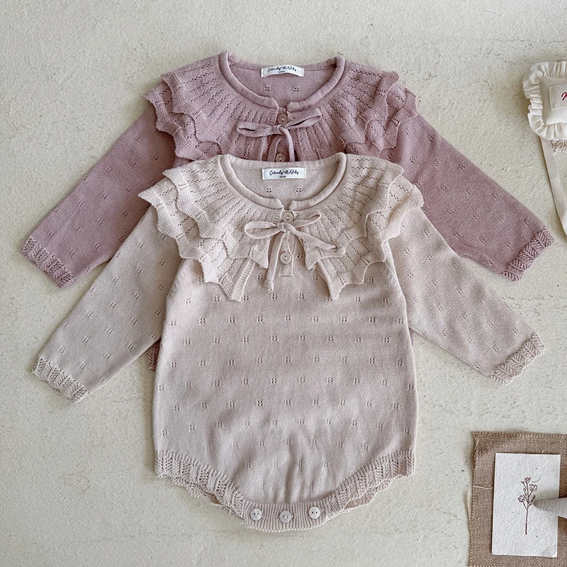 ملابس خريف جديدة لعام 2025 0-24 متر ملابس محبوكة لحديثي الولادة للفتيات بأكمام طويلة بلون سادة بدلة قفز محبوكة للفتيات الرضع