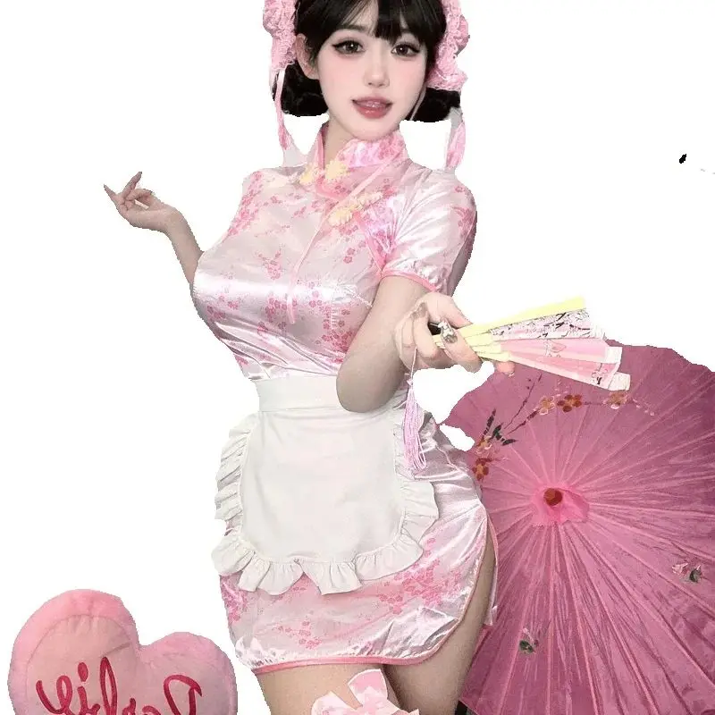 

Сексуальный мини-чонсам с высоким разрезом, женский винтажный костюм на пуговицах с коротким рукавом, Ципао, традиционные китайские тонкие платья, карнавальный костюм