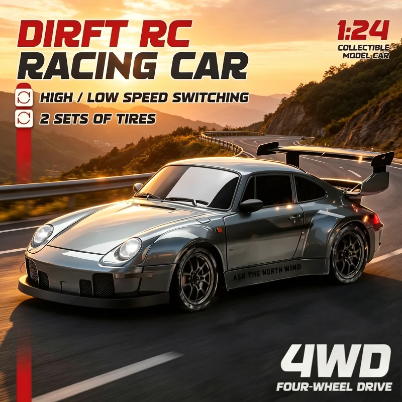 New S814 1:24 4WD RC Drift Car Metallic Paint 2.4GHz Front Rear LED Lights Extra Drift Tires Traffic Cones USB Charging Toy Gift