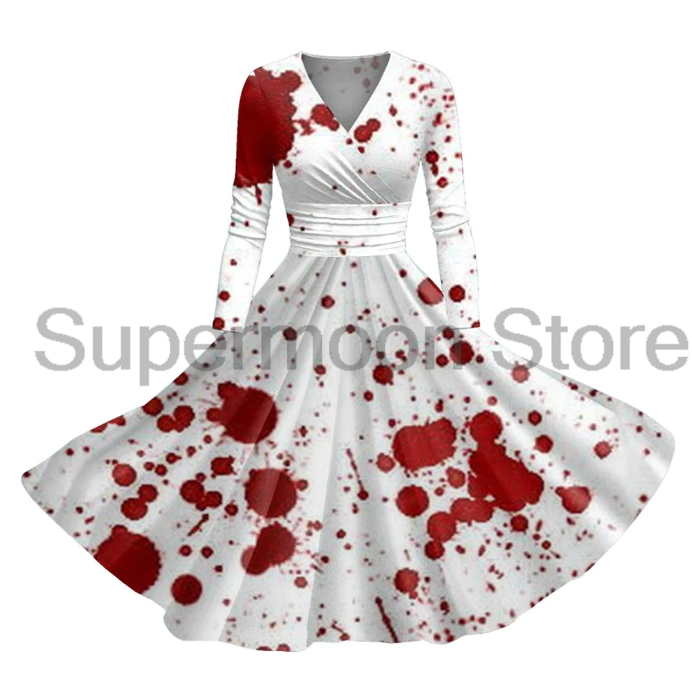 Halloween Bloody Dress V-Neck Long Sleeve Streetwear Women Horror Dress