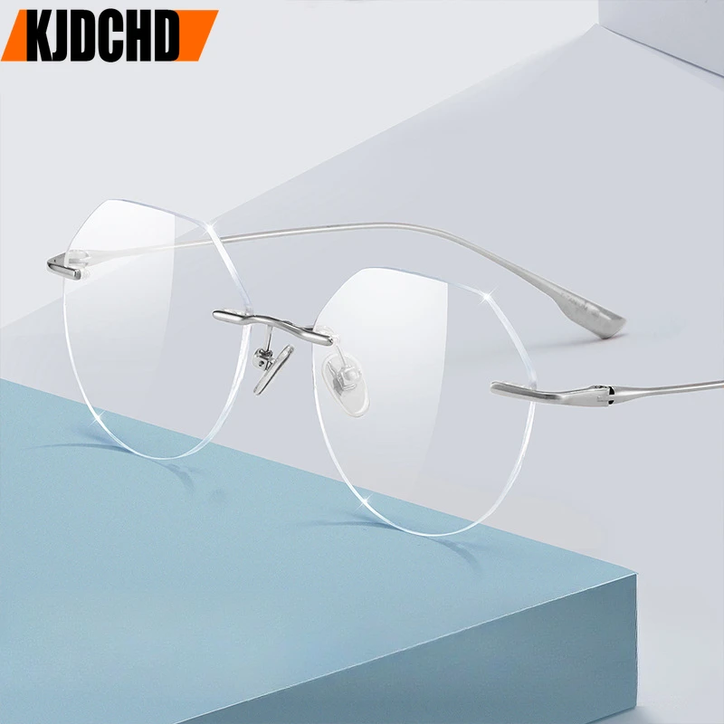 

KJDCHD Ultralight Titanium Rimless Reading Glasses Men Blue Light Filter Photochromic Eyeware Women Myopia Prescription Glasses