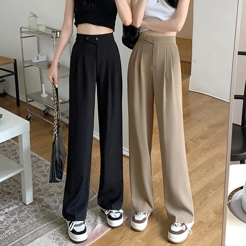 The new Korean version of droopy straight leg pants features a high waisted, slimming and loose fitting design