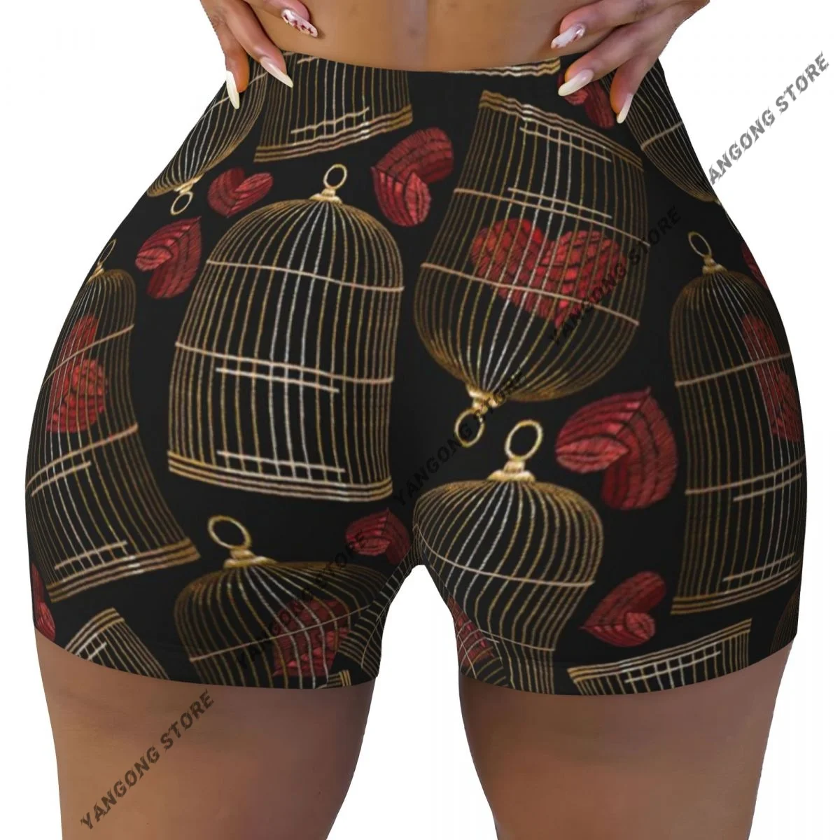 Women's Yoga Shorts Birds Cages And Hearts Symbol Scrunch Booty Butt Lifting Comfort Fitness Gym