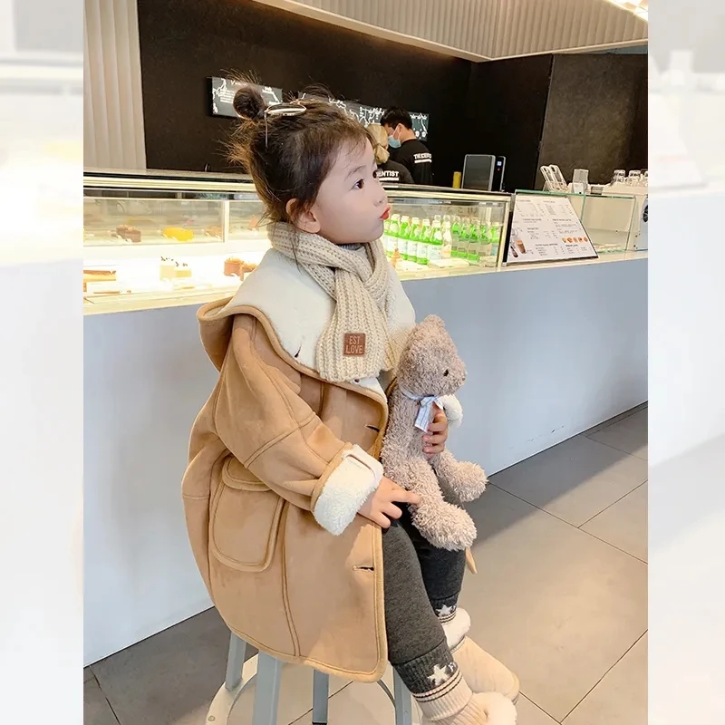 Winter Kids Thick Faux Leather Jacket Coat for Boys Girls Khaki Hooded Long Warm Overcoat Toddler Children Velvet Outerwear Coat