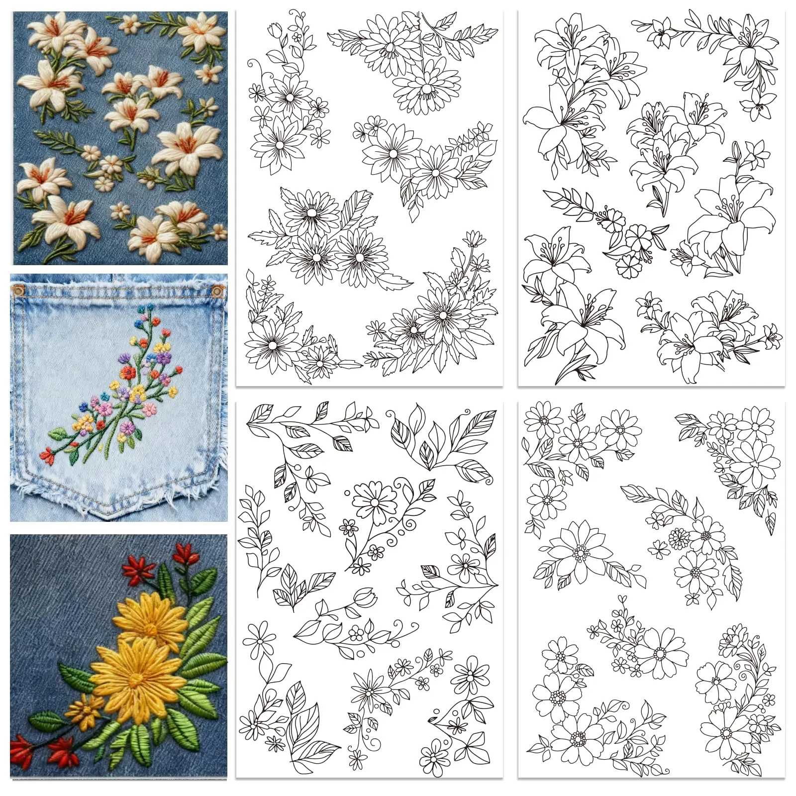 4-Sheet Corner Floral Embroidery Stabilizer - Pre-Printed Water-Soluble Designs on Stick & Stitch Paper for DIY Projects