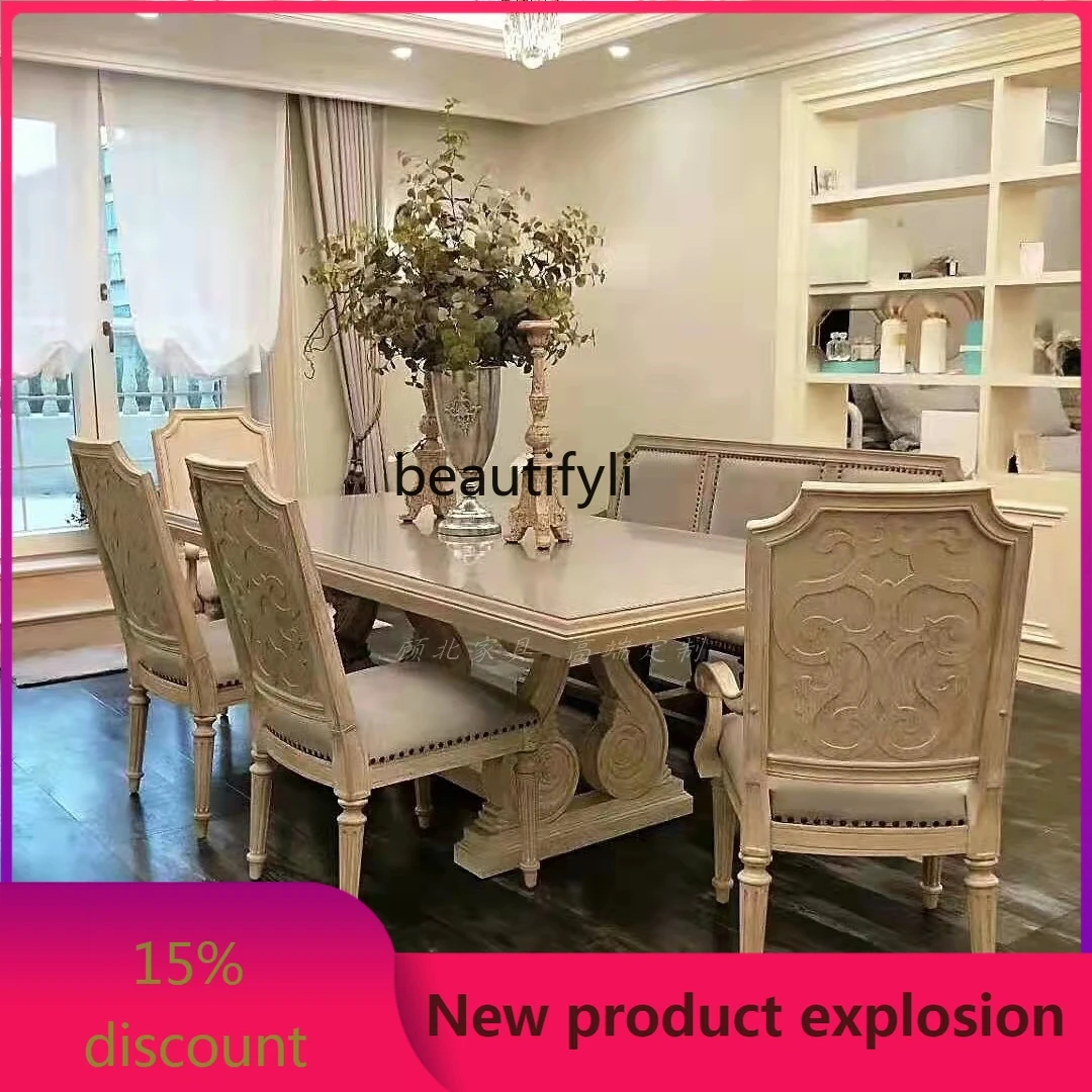 

Q132 American solid wood old dining table and chair combination French home long table retro township square table