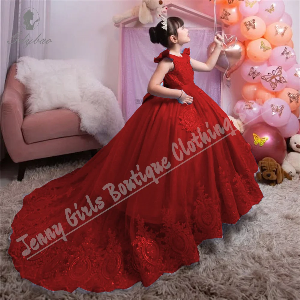 

Wine Red Flower Girl Dress For Wedding Puffy Applique Floor Length Princess Kids Birthday Formal Occasions Gown