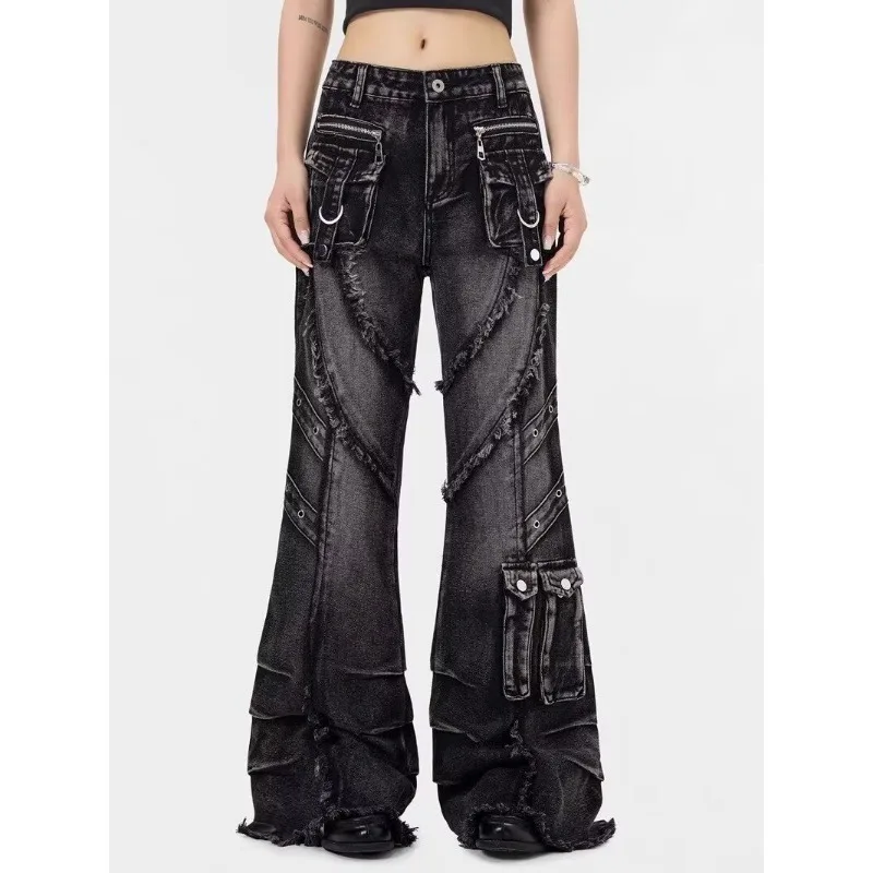 2000S Harajuku الجمالية خمر الجينز السراويل السراويل الملابس النسائية الأسود القوطية البضائع الفضفاضة الجينز Y2K الأمريكية عالية Stree