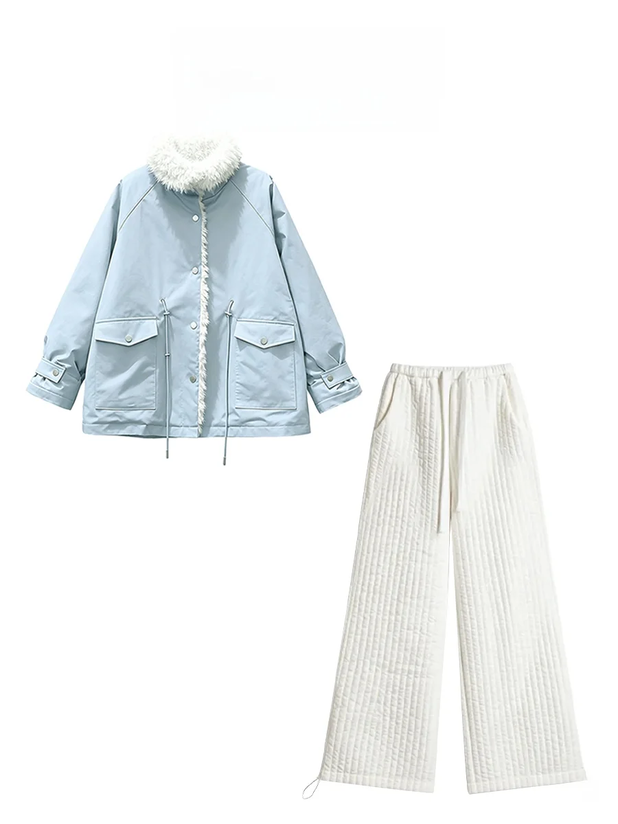 

Parkyeon Women's Casual Loose Cotton Jacket with Fur Collar And White Leisure Pants Set Comfortable Korean Style Coat
