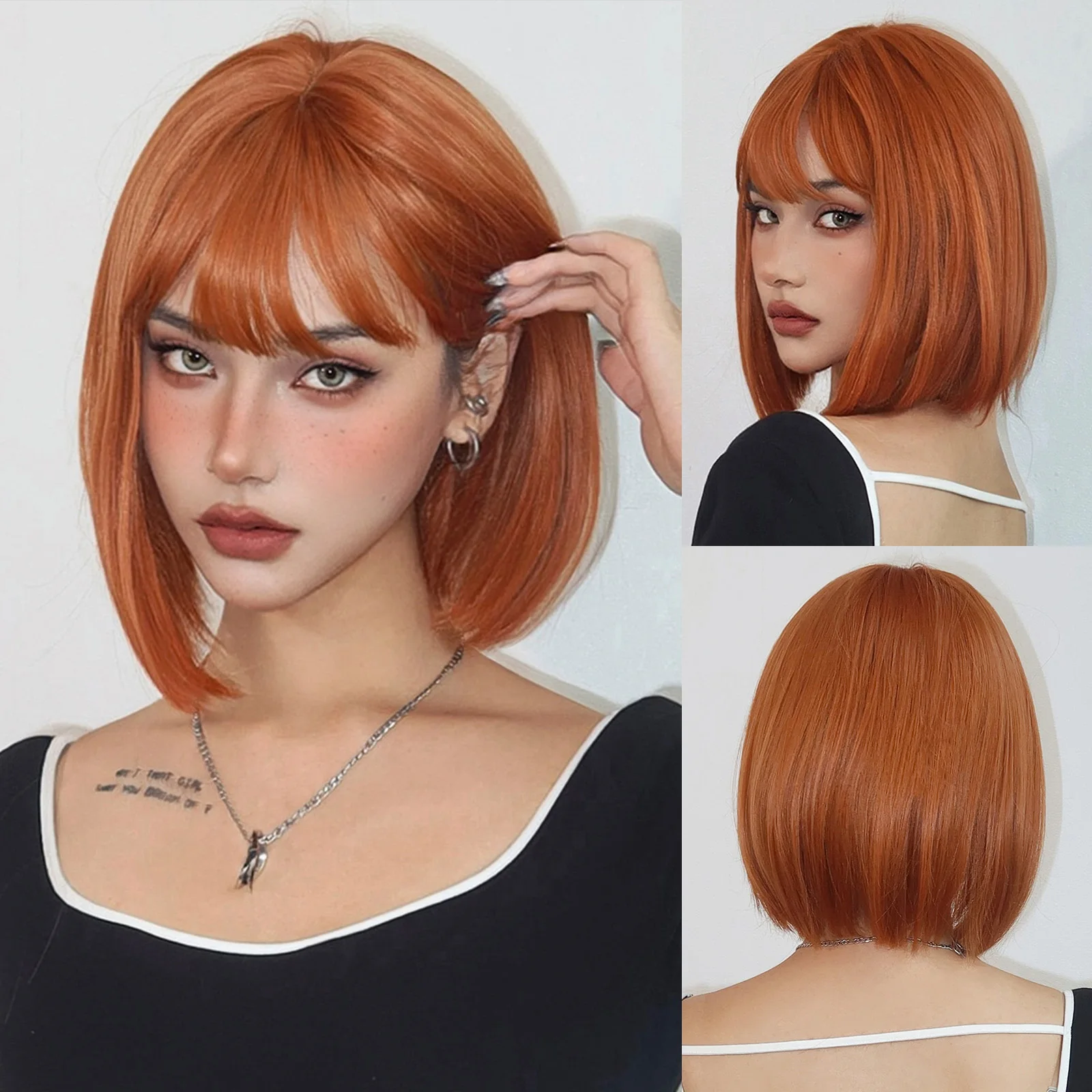 EASIHAIR Fashion Short Ginger Bob Wigs With Bangs Women Christmas Cosplay Daily Use Fiber Hair Heat Resistant Synthetic Wigs