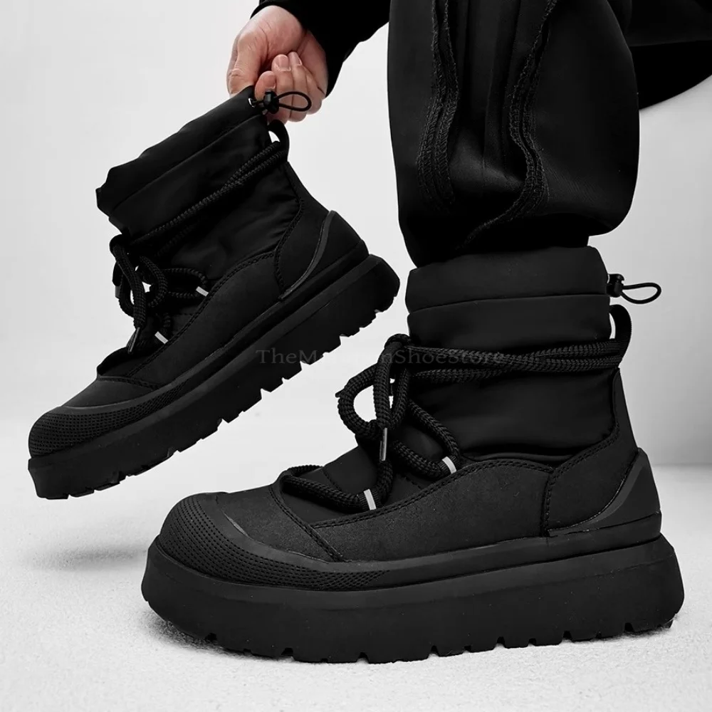 

Black Work Short Boots for Men Warm Plush Winter Boots Added Fleece Bread Snow Boots High Cut Thick Soled Round Toe Board Shoes