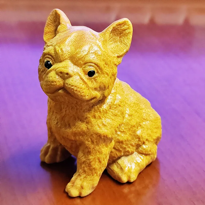 YD042 - 6.5 x 4.8 x 3.8 CM Natural Gold Ebony Wood Carved Figurine Lovely Bulldog Dog