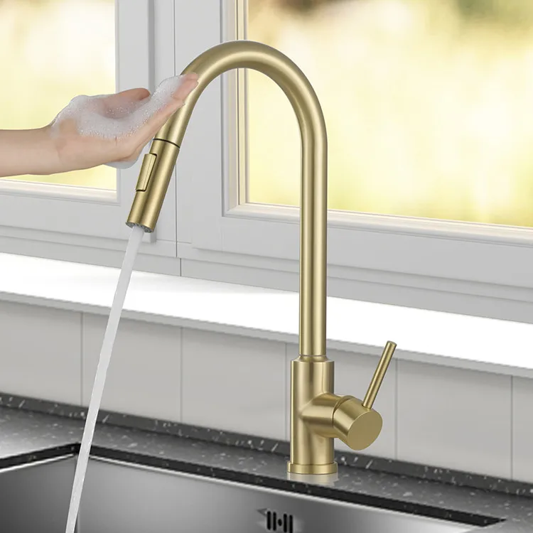 Smart Touch Kitchen Faucet Marrent Hot Cold Pull Out Kitchen Mixer Tap Luxury Brushed Gold Smart Sensitive Touch Kitchen Faucets