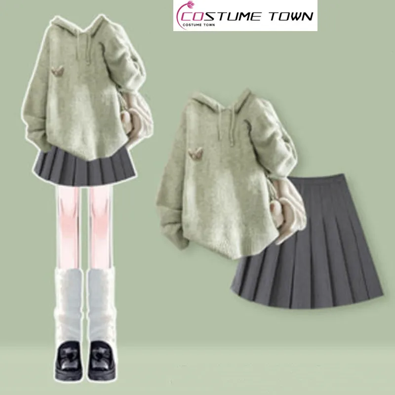 مجموعة أزياء المرأة الربيع والخريف فراشة مقنعين محبوك سترة عالية الخصر مطوي تنورة قصيرة قطعتين مجموعة