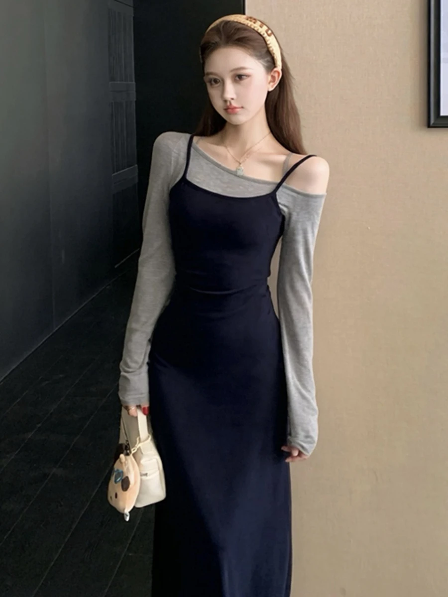 Sexy Contrast Color Block A-Line Long Dress High Waist Slimming Striped Trendy Two-Piece Look City Commute Suitable Long Sleeve