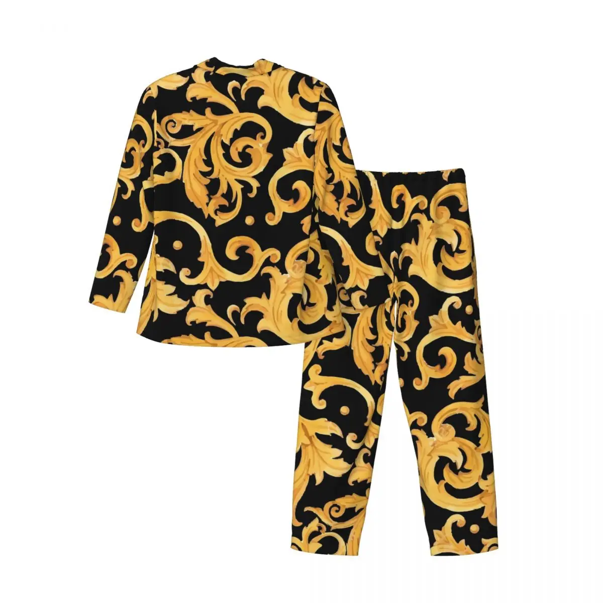 Baroque Print Pajama Sets Gold Floral Trendy Sleepwear Men Long Sleeves Casual Room 2 Piece Home Suit Large Size