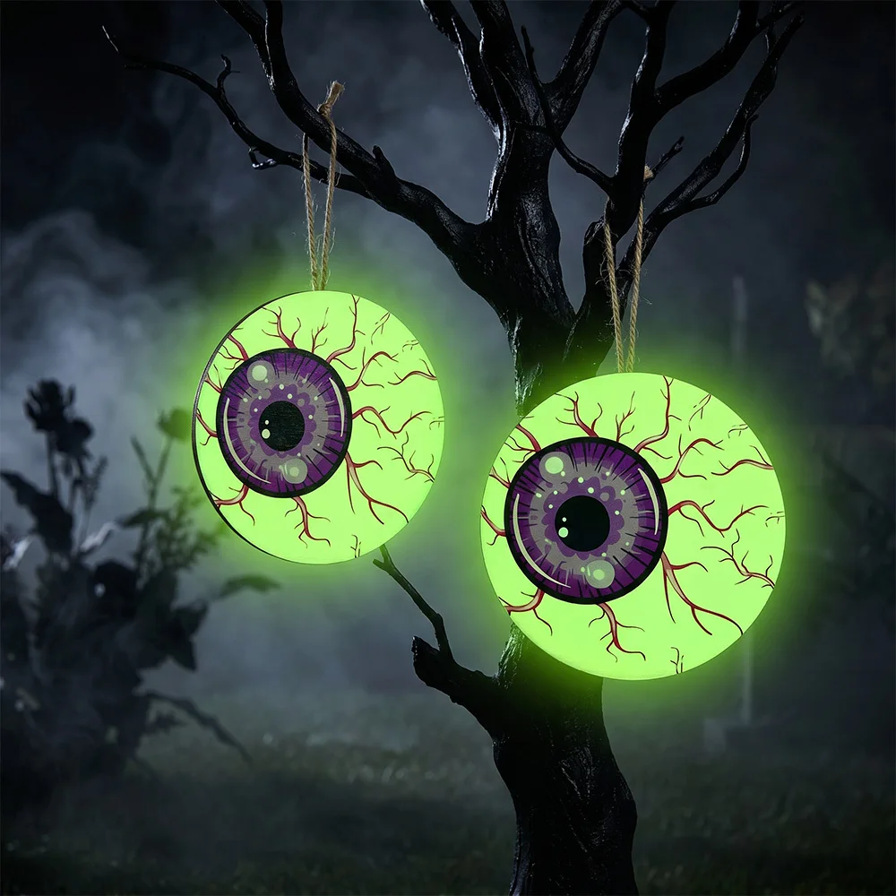 2pcs Glow-In-Dark Eyeball Halloween Eye-Catching Ornaments,Bloodshot Eerie Night Green Fluorescent Eyeballs Wooden