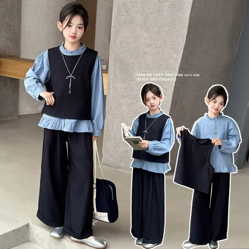 UNITIM Autumn Children Girl 3PCS Clothes Set 4-14Yrs Kids Girls Blue Shirt+vest+pant Outfit Loose Teens Girls Wide Leg Pant Suit